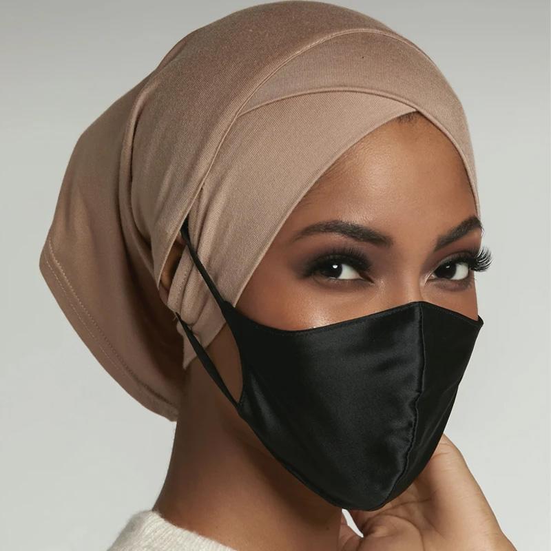 Hijab Caps Headdress Solid Color Muslim Underscarf Cap Soft Elastic Crossed Forehead Female Headscarf Turban Bonnet