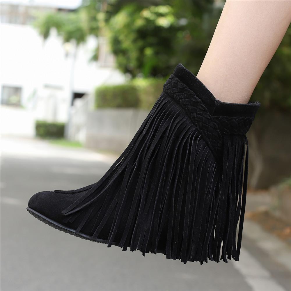 Mote 2025 Mote Høst Vinter Ny Etnisk Kvinne Bohemsk Flock Dusk Skjult Mokasin Ankelstøvletter Støvletter Frynser Kvinne Slip-On Sko