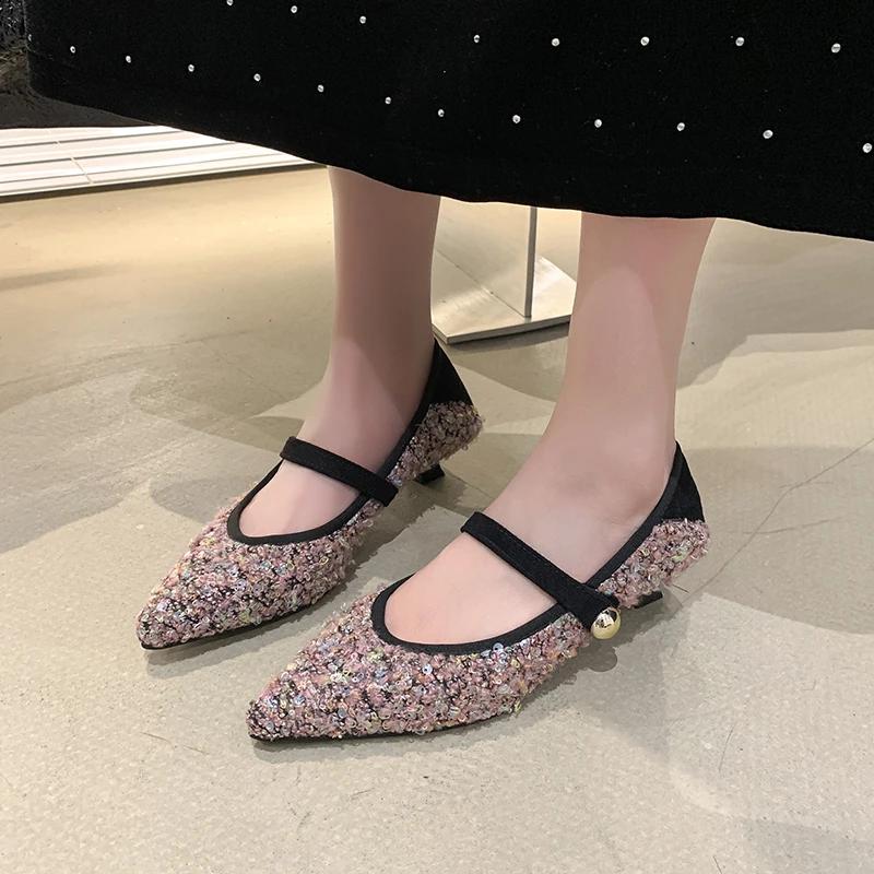 Fashion 2025 Tendencia Spring/Summer New Women's Single Shoes High Quality Sequined Fashion  Jane Shoes Wedding Heels