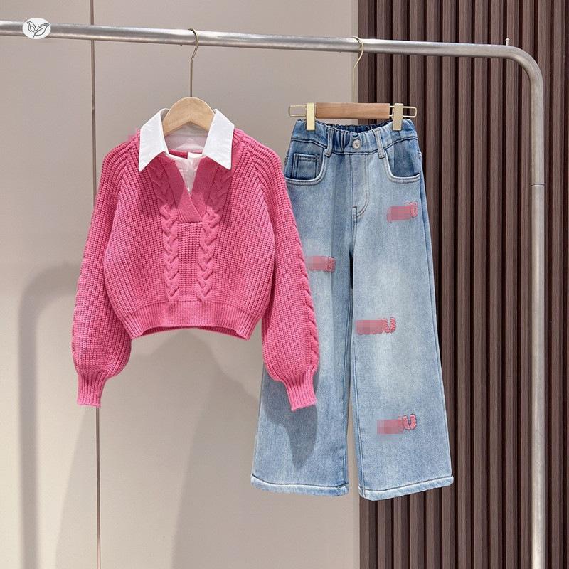 

Girls Autumn Winter Outfit Stylish Children s Casual Knitted Sweater Fashion Thickened Jeans Trendy 110 рожевий