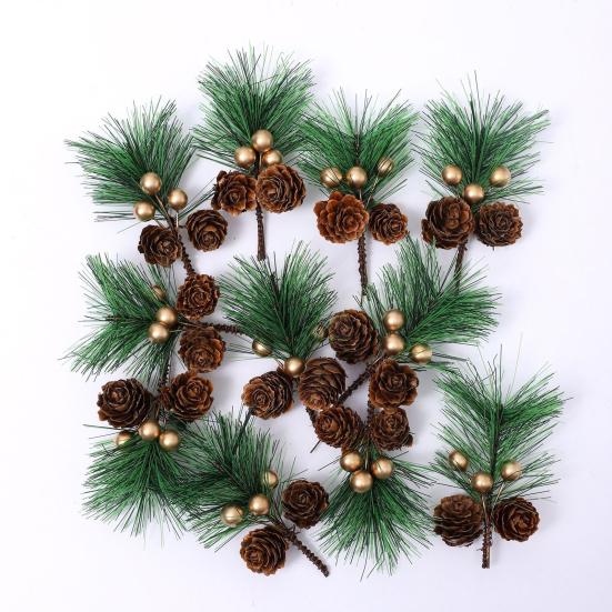 10 Pcs Artificial Pine Pick Mini Pine Needles Branches with Gold Berry Small Pinecones Stems for Holiday Crafts Christmas Tree DIY Garland Wreath