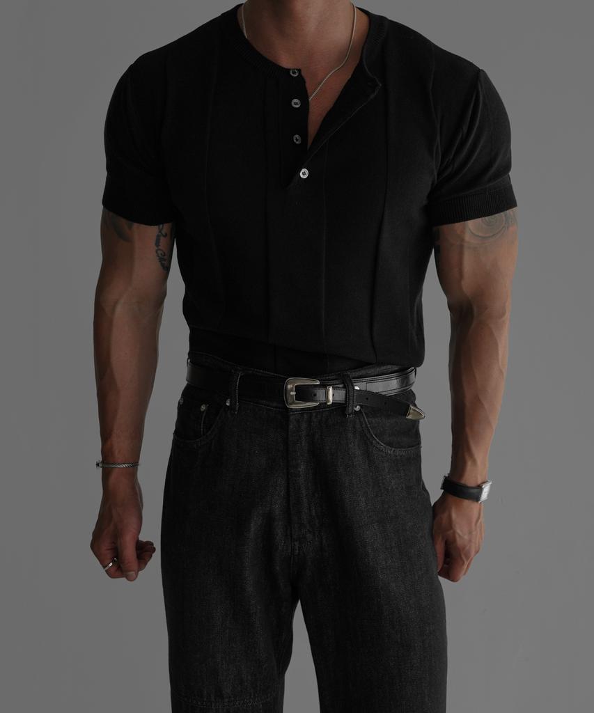 Baulopeulodeogteu Striped Muscle Henley Neck Knit [Black]