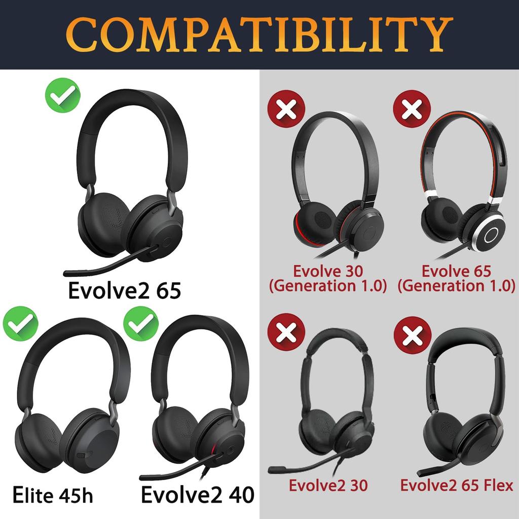 SOULWIT Ear Pads for Jabra Evolve2 65, Evolve2 40, Elite 45h - Cushioned - Black