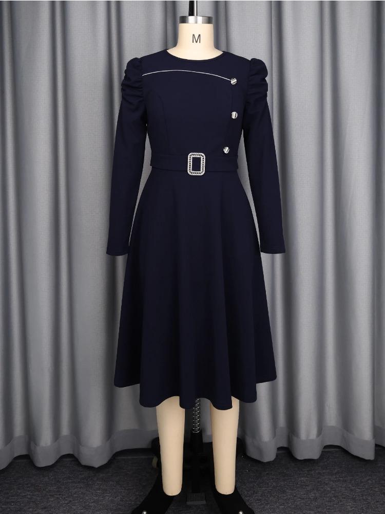 Kvinnor Elegant A-linje Kyrklig Klänning O-hals Rynkad Långärmad Knappbälte Hög Midja Formella Evenemang Arbete Chic Kontorsdam Klänning