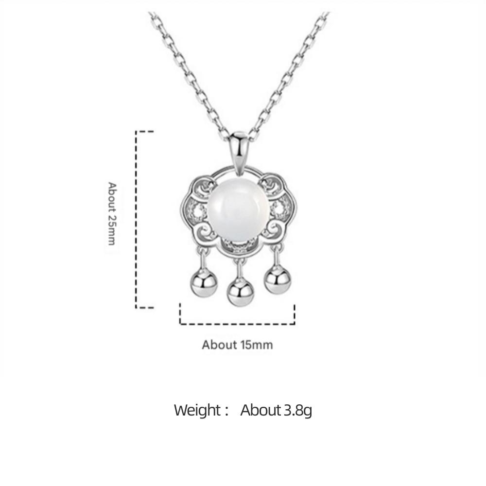 925 Sterling Silver Fashion Classic Auspicious Cloud Bell White Jade Safety Lock Pendant Necklace Birthday Anniversary Gift