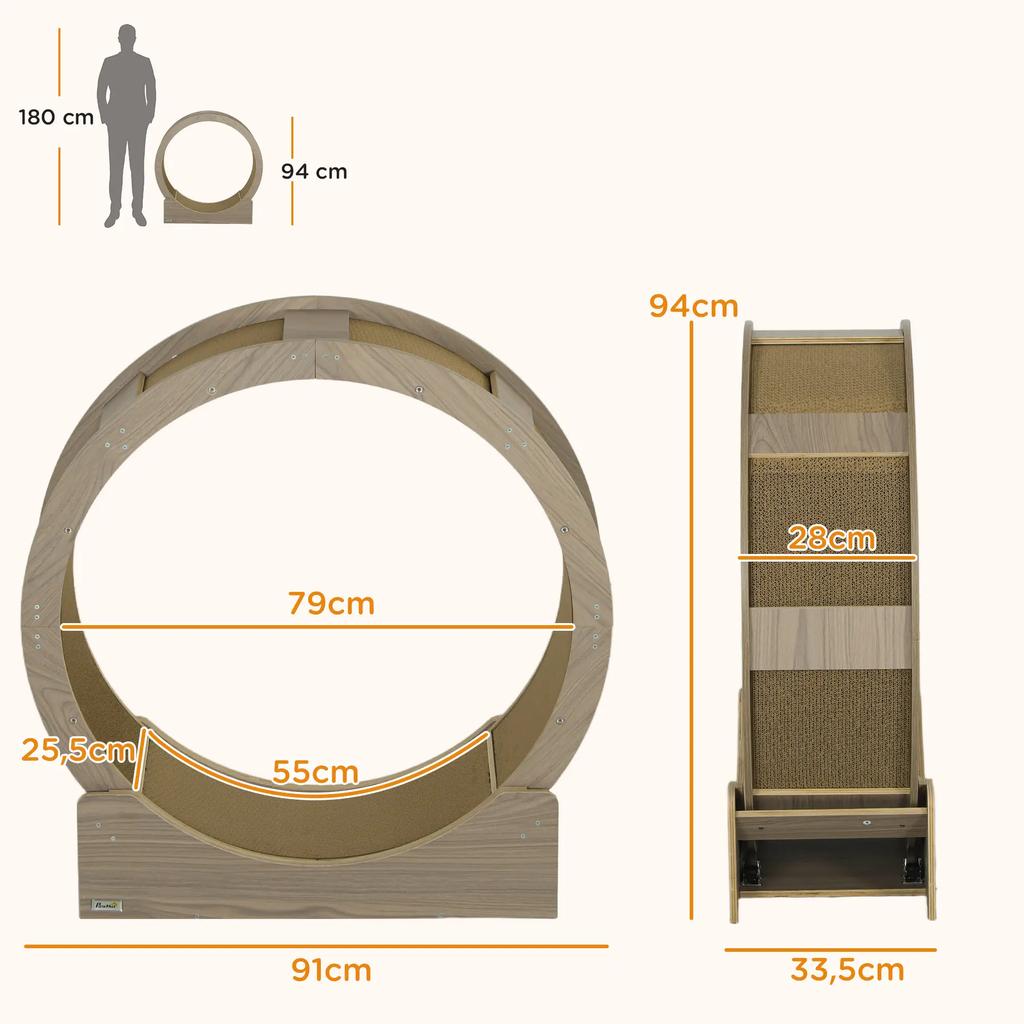 PawHut Cat Exercise Wheel Cat Running Wheel Secure Brake and Quiet Removable Scratching Mat 91cm Brown