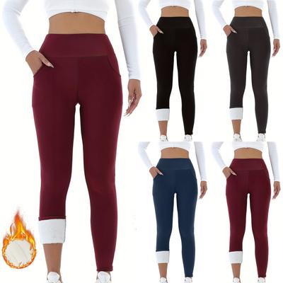 Damskie Modne Casualowe Sportowe Legginsy Wysoko Rozciągliwe Z Podszewką Z Polaru Z Kieszeniami