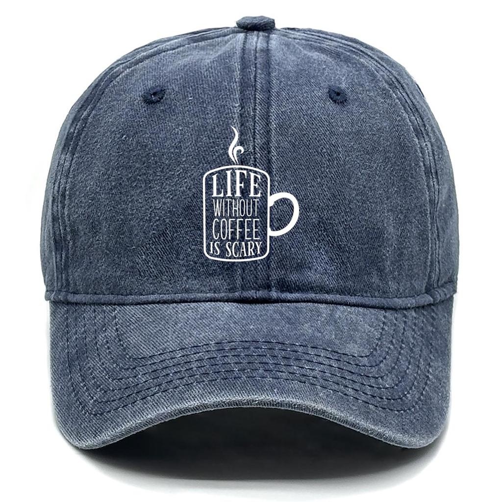 LIFE WITHOUT COFFEE IS SCARY" Print Adjustable Baseball Cap, Flat Cap Breathable Headwear Curved Brim Inelastic Snapback Baseball Hat