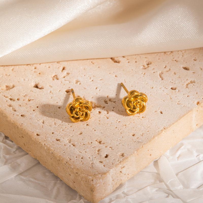 DIEYURO 316L Stainless Steel Golden Simple Rose Flower Neck Earrings Set For Women New Fashion Trend Waterproof Jewelry Gift Set