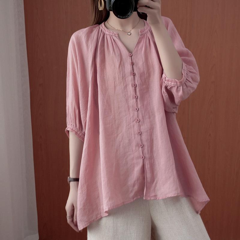 Artistic Plus Size Women s Linen Shirt - Spring/Summer 2026 Versatile Casual Top One Size (100-160 catties) розовый