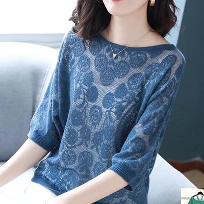 Round Neck Three-quarter Sleeve Top Women's Spring and Autumn Knitted Sweater Loose and Thin All-match Bottoming Shirt Middle Sleeve