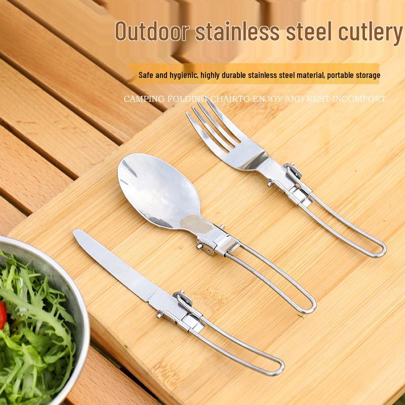 Outdoor Multi-Tool: Folding Knife, Fork, Spoon Set - Stainless Steel, Portable for Camping and Picnic