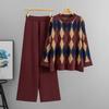Neues Herbst-Winter Trendiges Rundhals Farbblock Strickpullover Set mit Locker sitzender Damen Weitbeinige Hose Zweiteiliges Set.