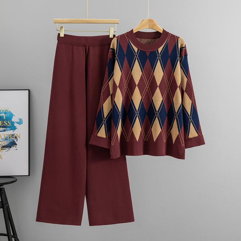Neues Herbst-Winter Trendiges Rundhals Farbblock Strickpullover Set mit Locker sitzender Damen Weitbeinige Hose Zweiteiliges Set.