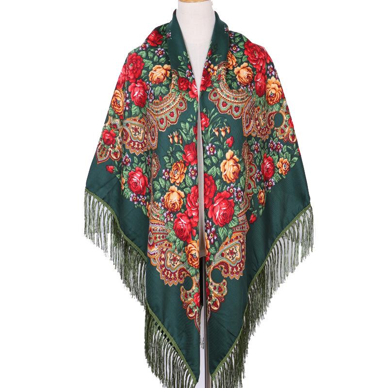 Russian Plus Size Women's Tassel Shawl - Vintage Ethnic Printed Square Scarf