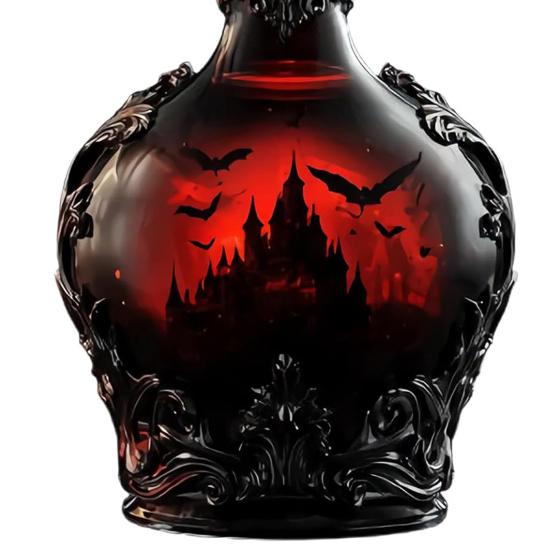 Gothic Vampires Whiskey Decanter Glass Liquor Bottle with Bat Castle Design Halloween