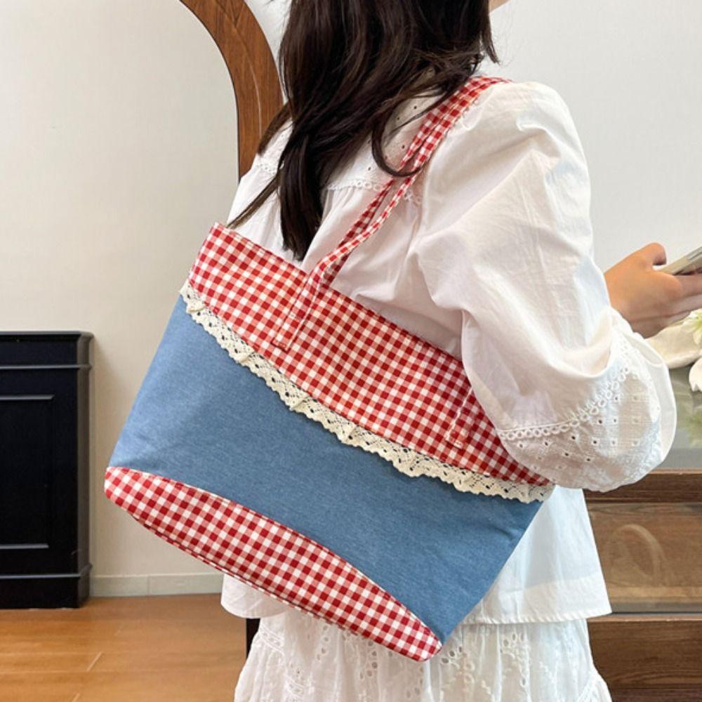 Lattice Lace Bow Shoulder Bag Rural Style Commuting Tote Bag Retro Denim Plaid Handbag Students