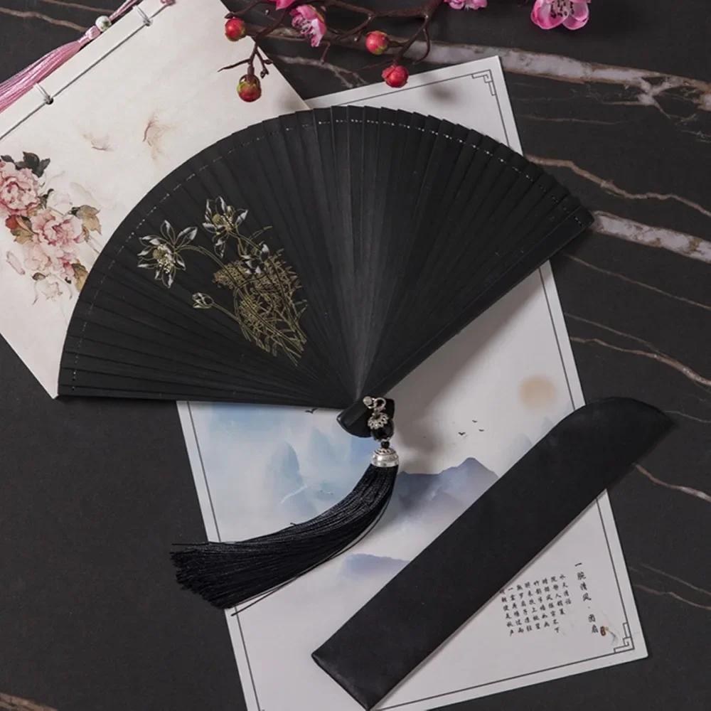 Chinese Style Japanese Classical Folding Fan Black Ancient Style Women's Folding Fan Portable Handmade Hand Fans Home Decoration