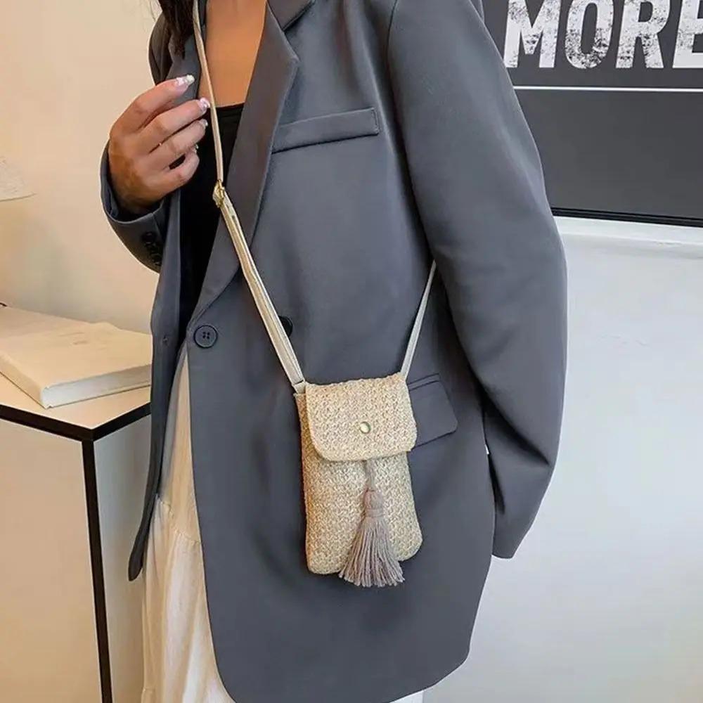 Weaving Woman Phone Pouch Elegant Woven Beach Bag Leisure Straw Woven Handbag Female