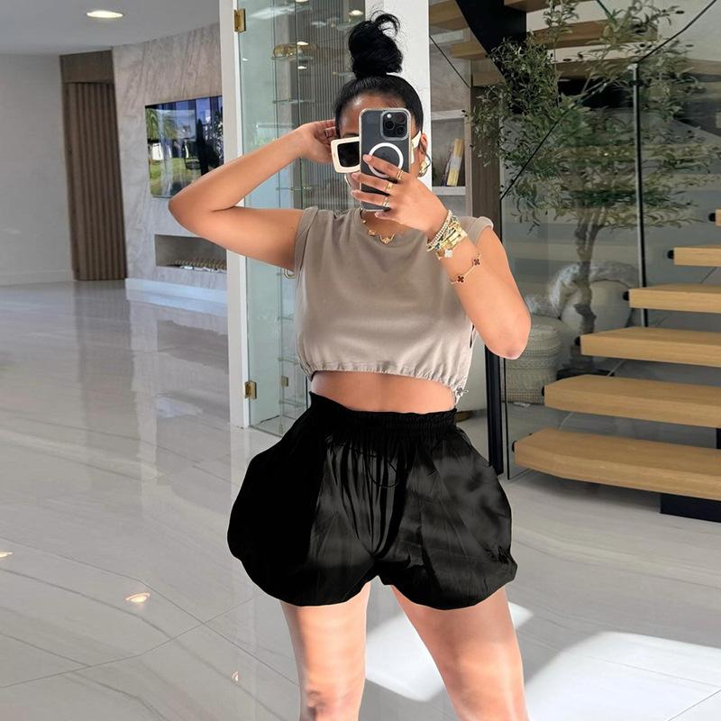 

Летние женские брюки-фонарики с широкими штанинами и эластичной резинкой на талии, тонкие свободные повседневные шорты S чёрный