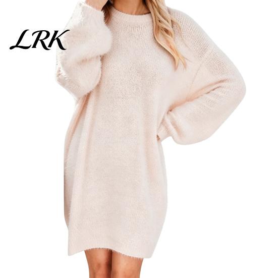 Lässiges einfarbiges Kleid Damen Mini Oversized Pulloverkleid, Langarm Rundhals Strickpullover Warme Oberteile Top, Herbst Winter Locker Tunika Feiertagsparty