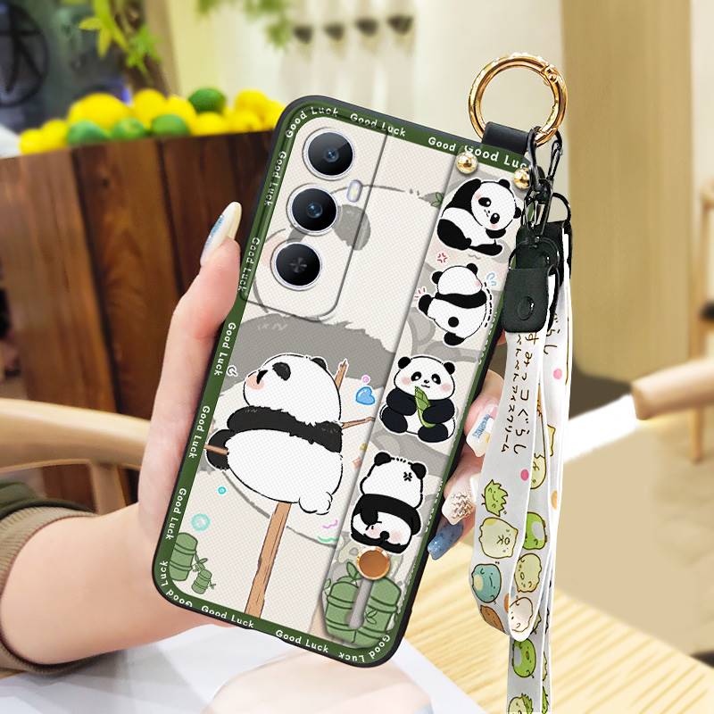 Wrist Strap Ring Phone Case For Realme C65 Waterproof Phone Holder Cute Protective Silicone Back Cover Panda Soft case