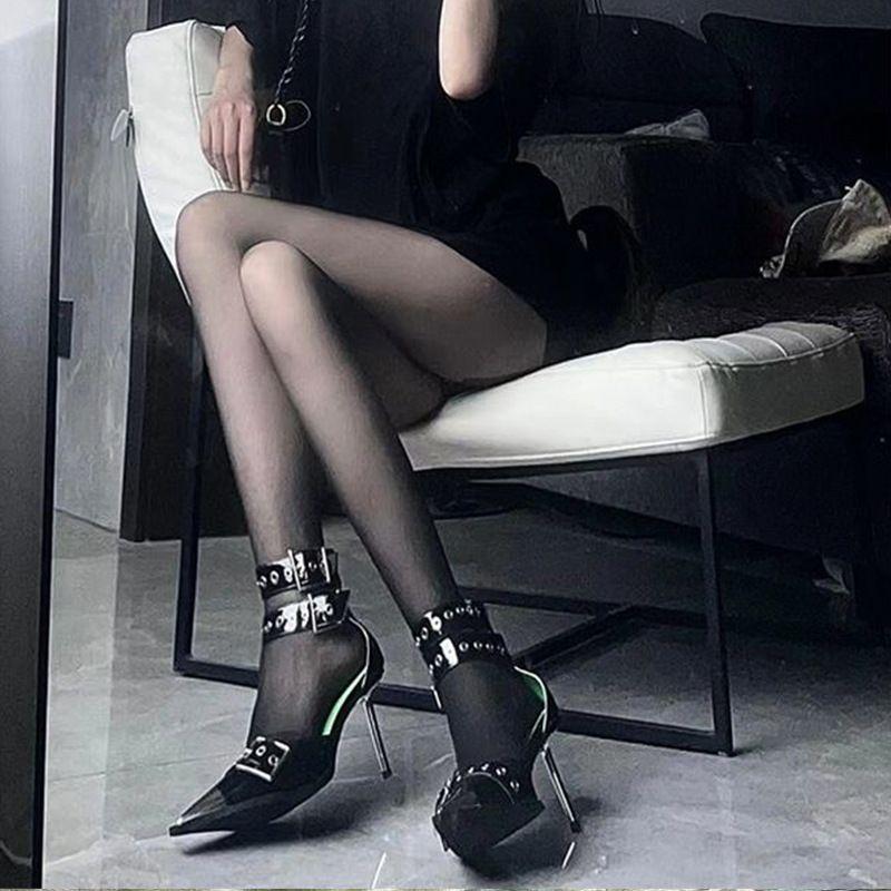 Pointed metal buckle thin heel cool handsome rock trend hollow sandals women fried street punk style high heels handsome 2025