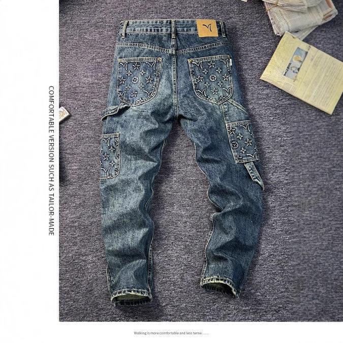 JYL Men's Straight Jeans Autumn Vintage Embossed Washed Loose Patchwork Denim