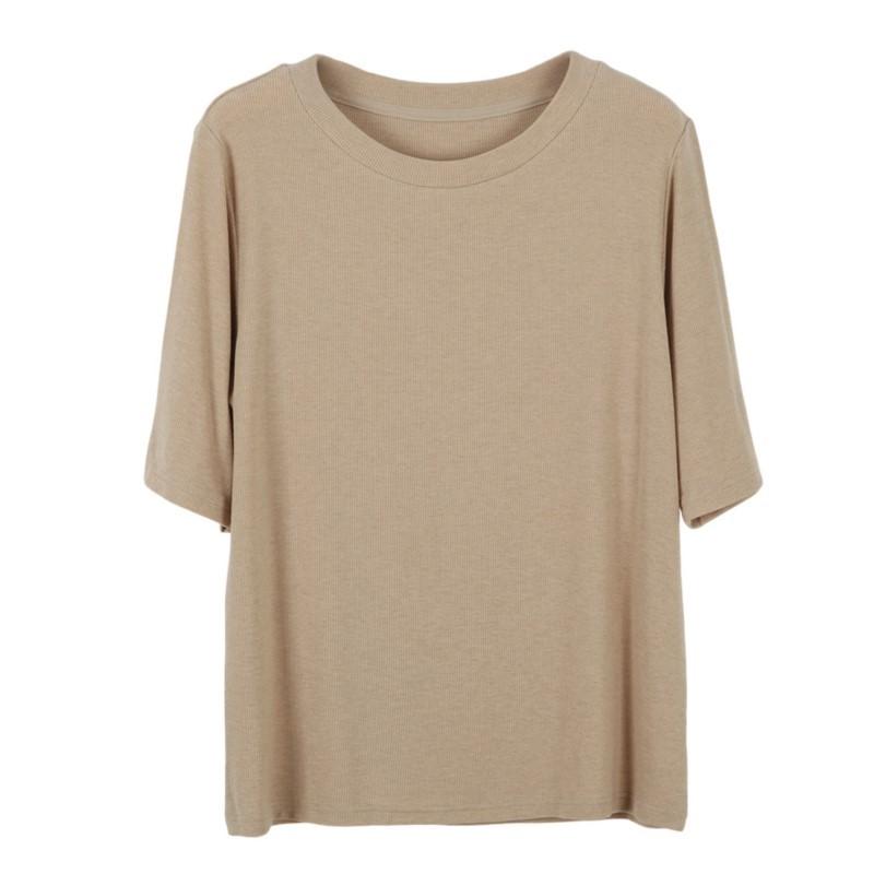 Johnature Women Knitted Spring T-Shirts O-Neck Half Solid Color Soft Female T-Shirts