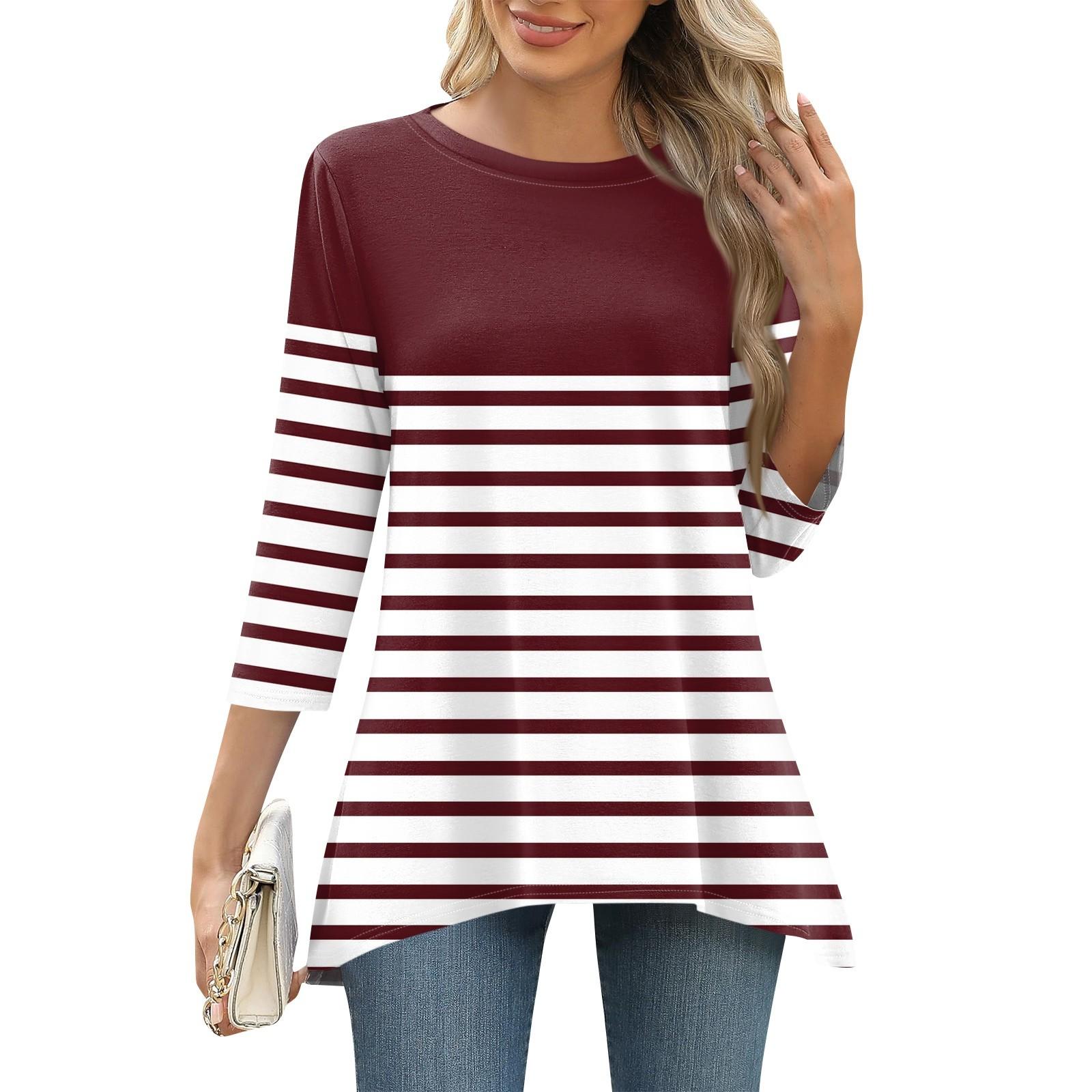 

3/4 рукав туника топы для женщин принтованный повседневный выходной свободный крой модная базовая футболка с круглым вырезом S винный