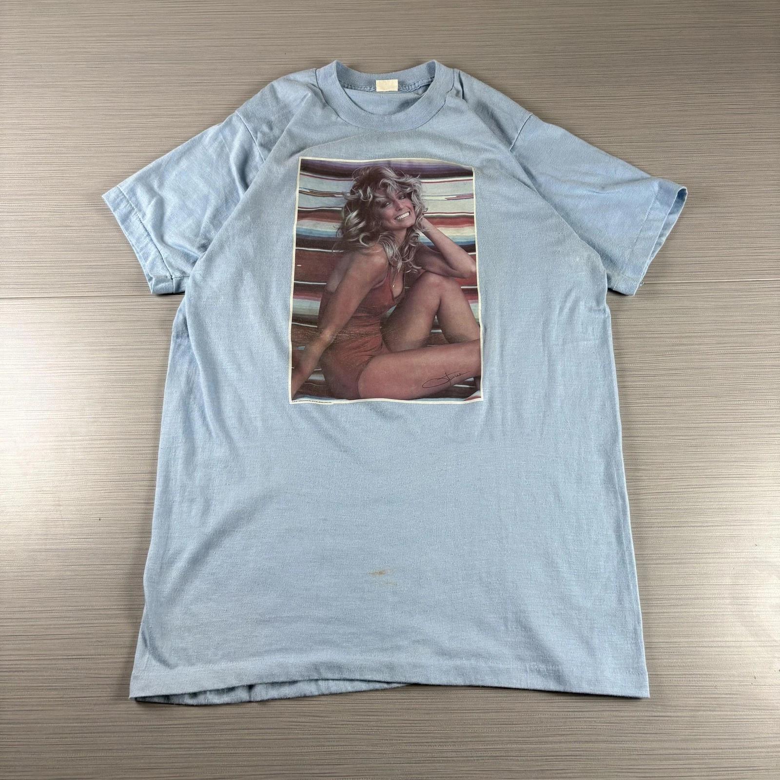 Vintage Farrah Fawcett Shirt Mens Medium Light Blue Made USA 1976 Pinup 70s L