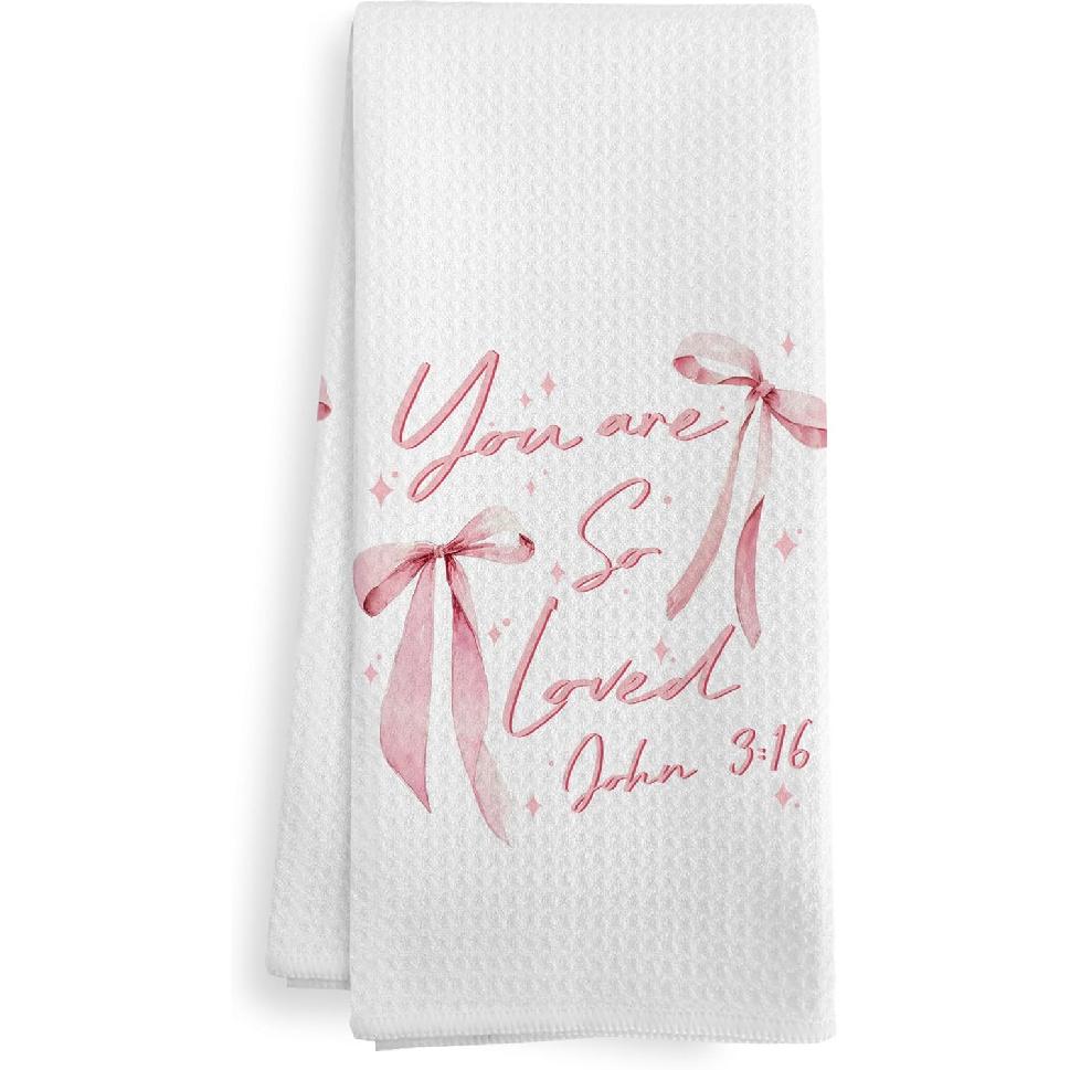 Christian Valentines Pink Bow Loved Kitchen Towels, Valentines Christian Gifts for Women Kids, You are So Loved, Girly Bible Verse Decor Dish Hand