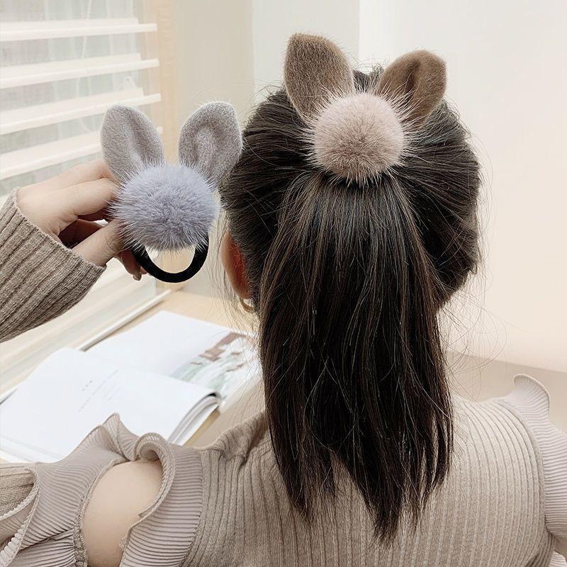 Elegant Rabbit Ear Plush Hair Tie - High Elastic Ponytail Holder for Autumn/Winter
