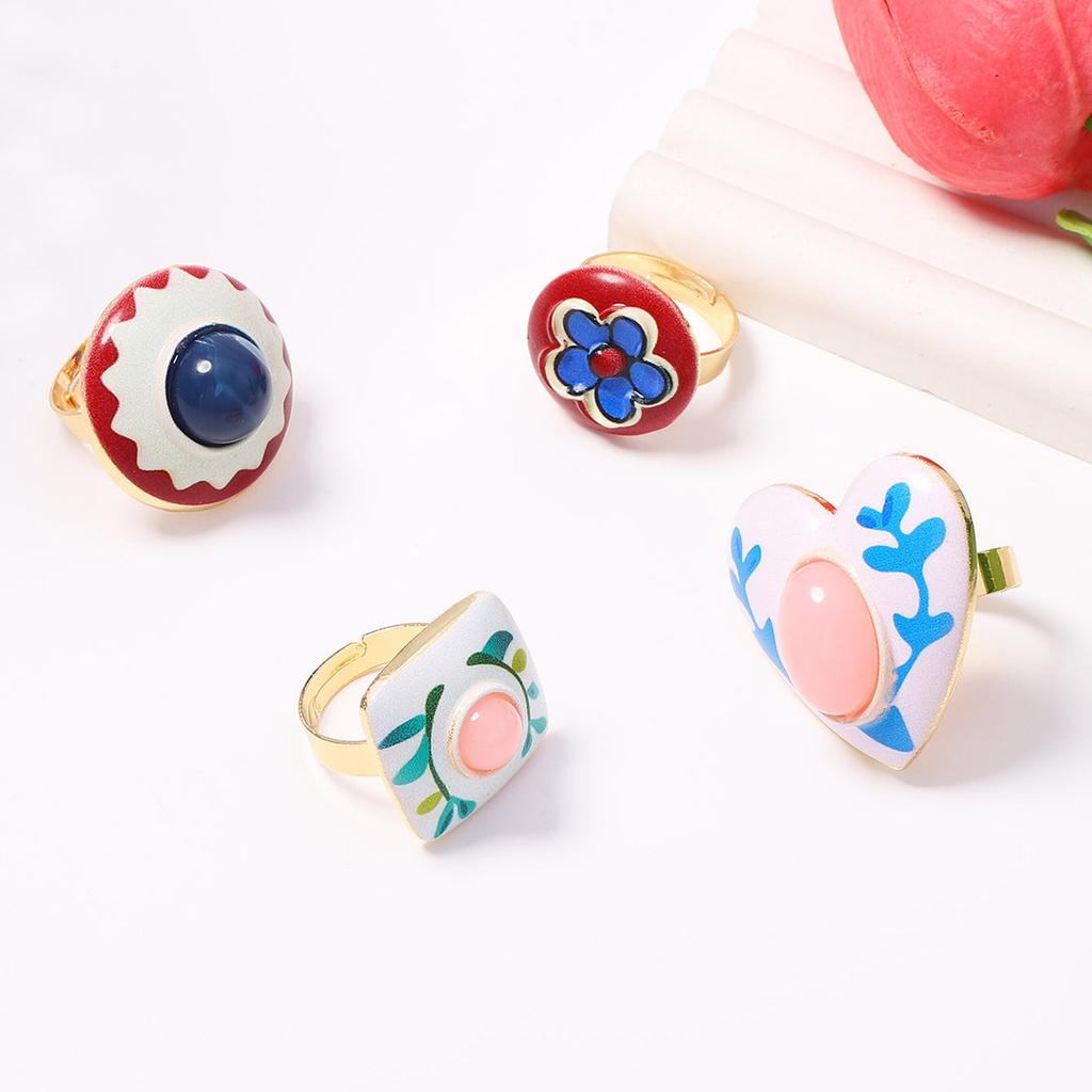 Vintage Elegant Geometric Round Enamel Flower Heart Opening Ring for Women Creative Design Rural Ethnic Style Jewelry New Gift