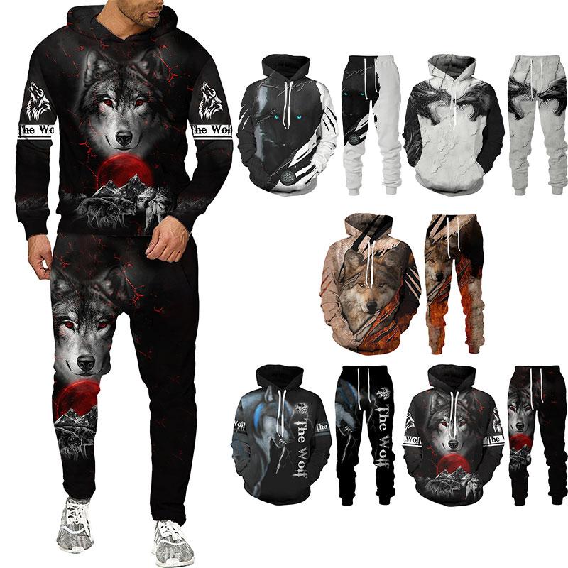 

Костюм с капюшоном с 3d принтом волка, осенние модные мужские и женские комплекты, спортивный костюм, толстовка унисекс + брюки, комплект из двух предметов