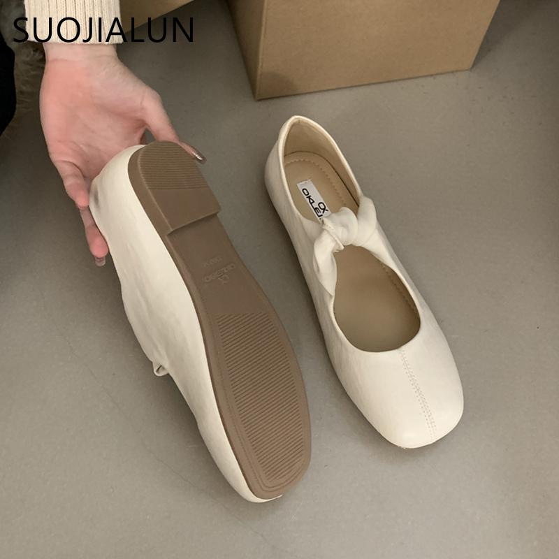 Fashion SUOJIALUN Spring New Women Flat Heel Mary Jane Shoes Fashion Round Toe Shallow Ladies Single Shoes Outdoor Dress Ballet Sheos