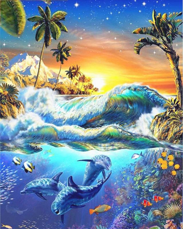 Diamond Painting Full Round Square Dolphins 5D DIY Diamond Embroidery Cross Stitch Sea Landscape Rhinestones Mosaic Wall Art