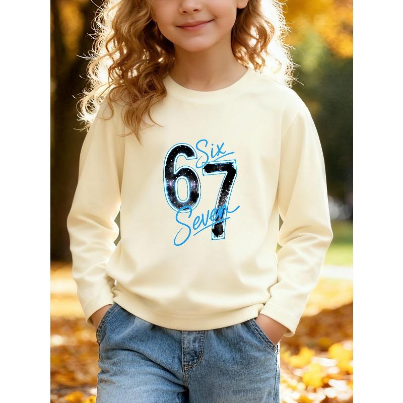 Kids Unisex Crewneck Sweatshirt, Galaxy Star 67 Six Seven Blue Neon Outline Print Long Sleeve Pullover, Soft Fleece Sweatshirts for Boys Girls Ages 4+