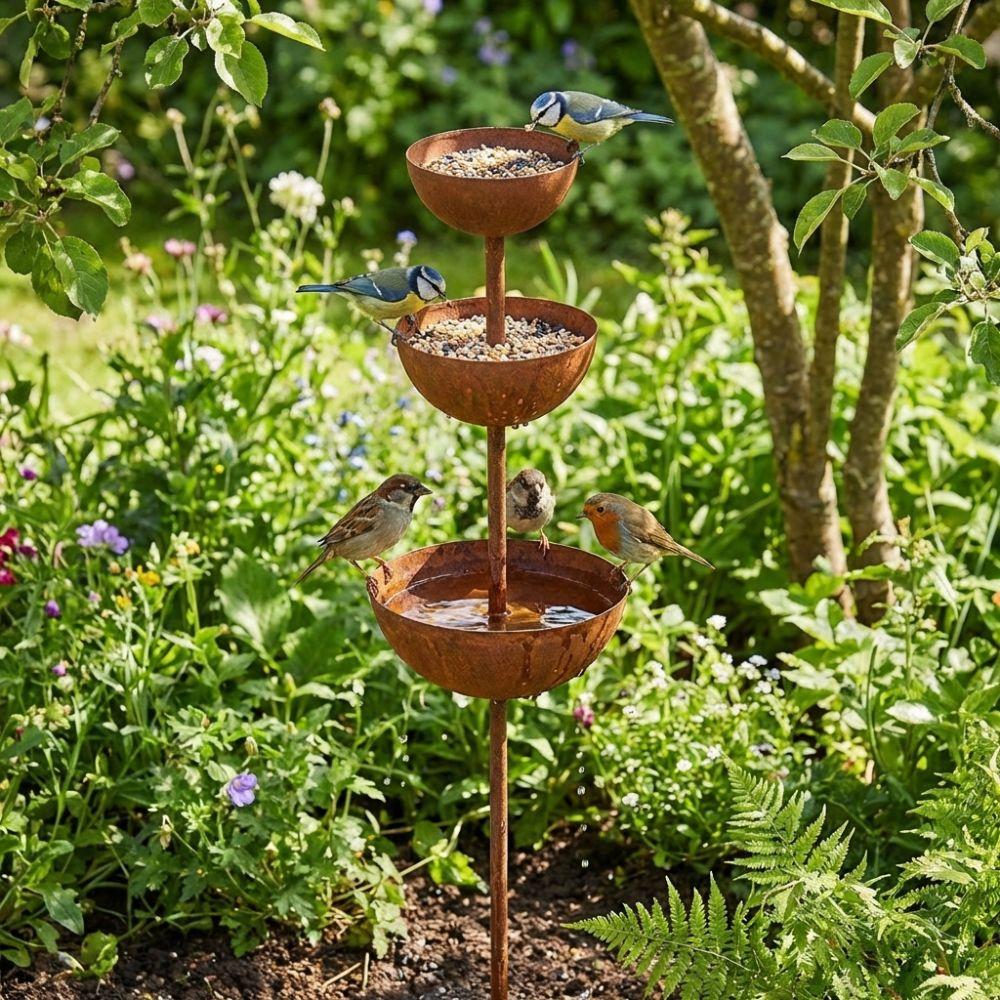 Rusted Bird Water Dispenser Vintage Iron Garden Rain Catcher Bird Feeding Station  Patio Backyard
