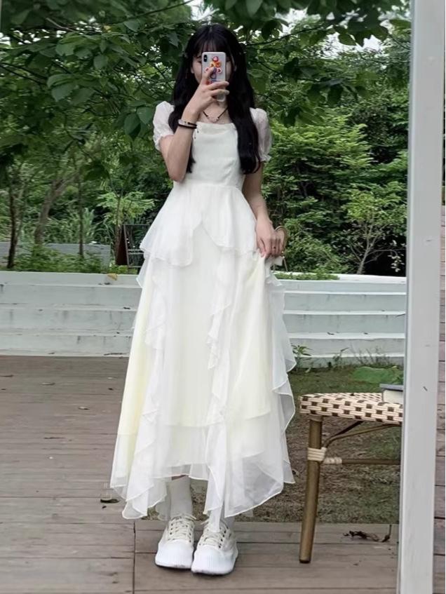 Women s Summer 2026 French Fairy Ruffle Dress - Pure, Sweet First Love Style Large