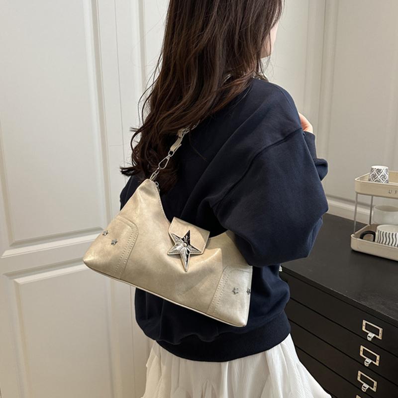 Women PU Star Decor Shoulder Bag Chic Hobo Bag Large Capacity Fashion Crossbody Bag Solid Color Sweet Underarm Bag AVE