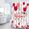 1pc Valentine's Day Shower Curtain - Heart & Floral Balloons, White Background, Red & Pink Flowers,Text: 'Happy Valentine's Day'