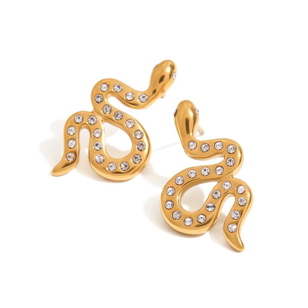 Elegant 18K Gold Snake Stud Earrings: Non-Fading Titanium Steel with Diamonds, Chic European & American Style
