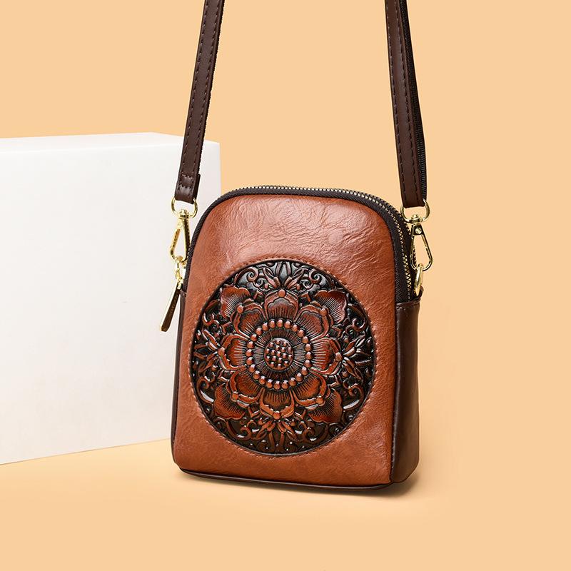 Single Shoulder Bag, Retro Peony Flower Embossed Texture, Crossbody Bag, Crossbody Bag, New Chinese Style Leisure Commuting Bag