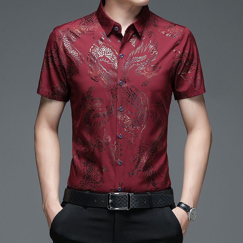Summer Men's Ice Silk Short-sleeved Shirt Thin Plus Size Breathable Anti-wrinkle Pocket Printed Shirt
