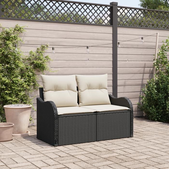 Canapé de jardin 2 places vidaXL avec coussins en poly rattan noir 42006712