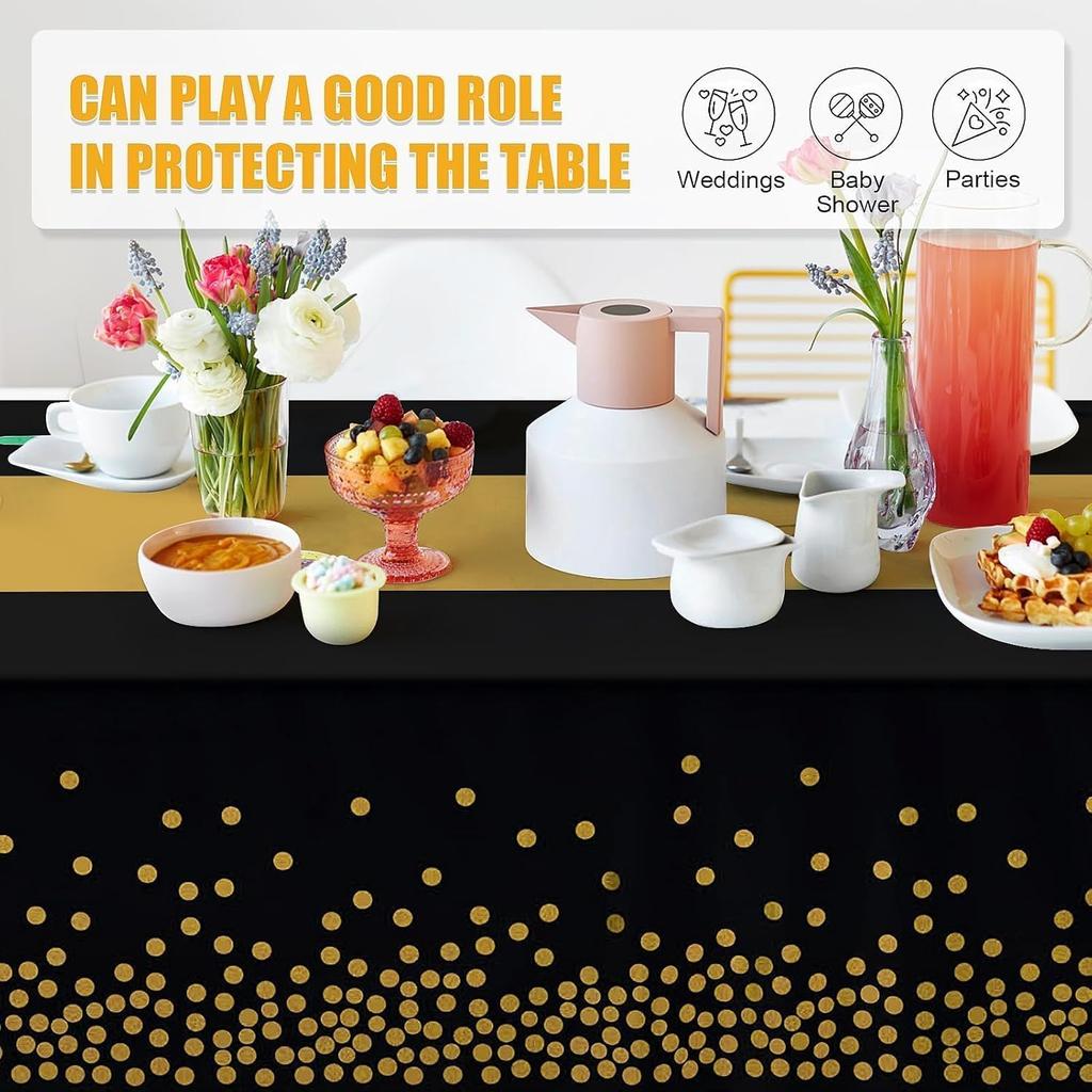 Childom 3 Pack Black and Gold Tablecloths for Events,54"x108" Plastic Table Cloths for Rectangle Tables,Disposable Party Table Covers for New Years