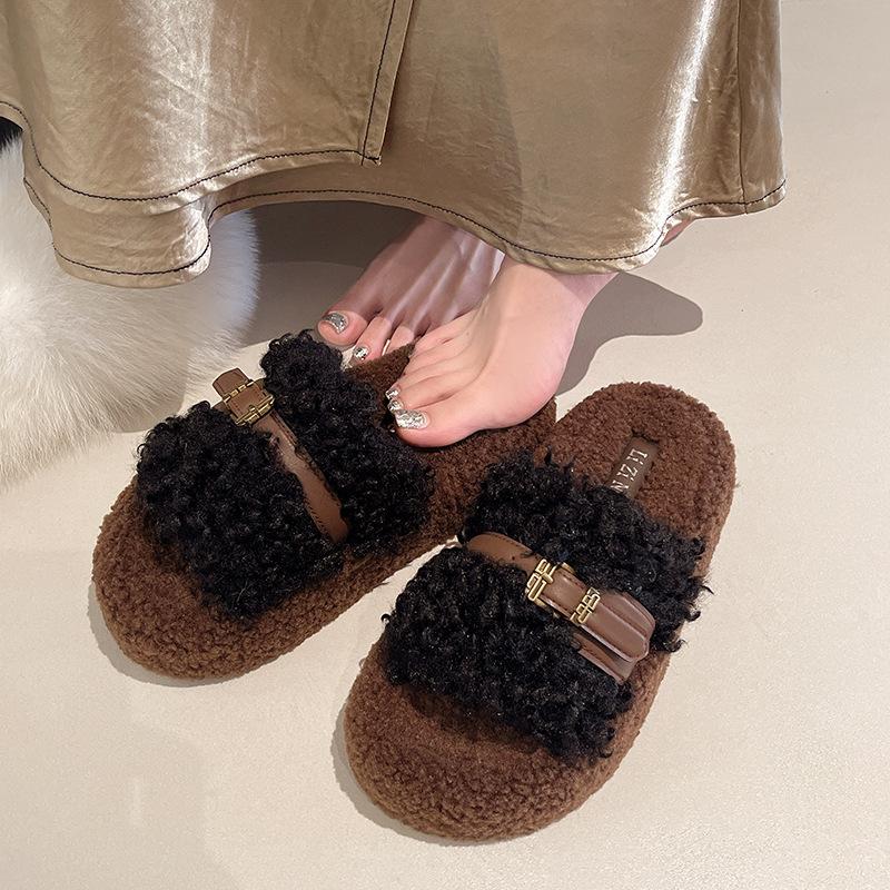Premium fluffy slippers women's wear new autumn and winter thick-soled heightening casual plush cotton slippers