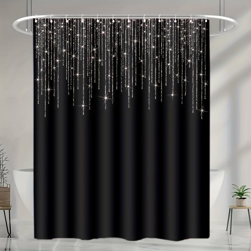 Starry Rain Shower Curtain Black Background White Glittering Lines Waterproof Bath Decor Modern Celestial Bathroom Curtains
