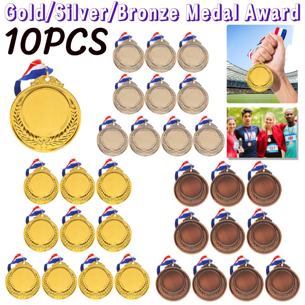 10PCS 5.2cm Gold/Silver/Bronze Medal Award with Neck Ribbon Versatile Commemoration Prize Medals for Sports Games